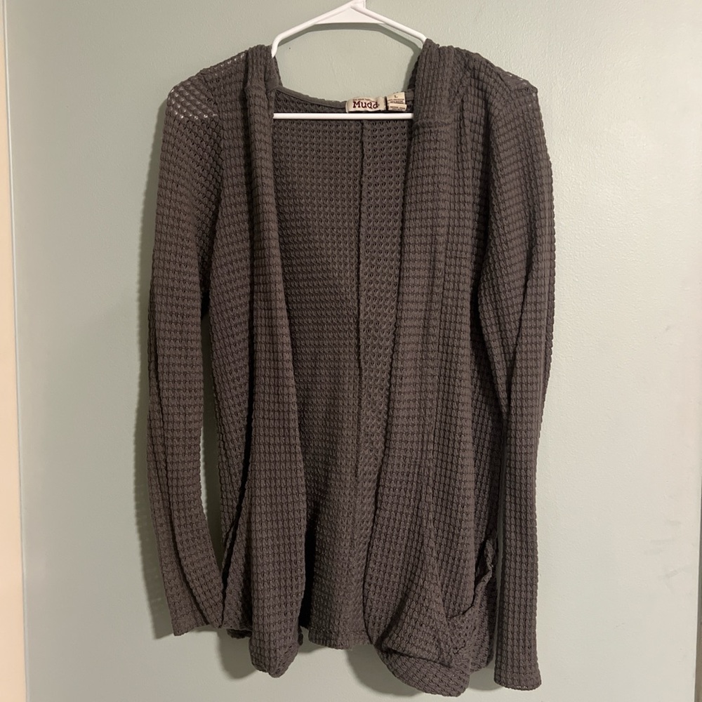 Mudd Love Peace Happiness Y2K Waffle Open Knit Gray Cardigan Pockets Size Large